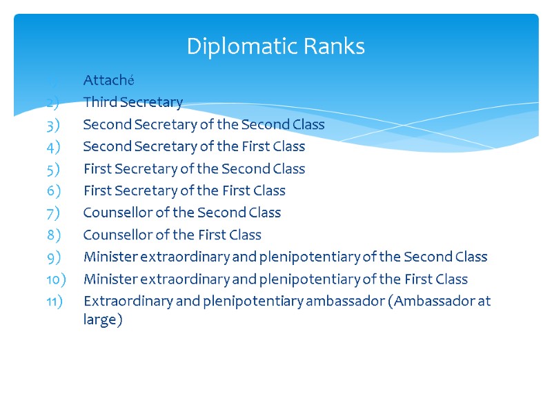 Attaché Third Secretary Second Secretary of the Second Class Second Secretary of the First